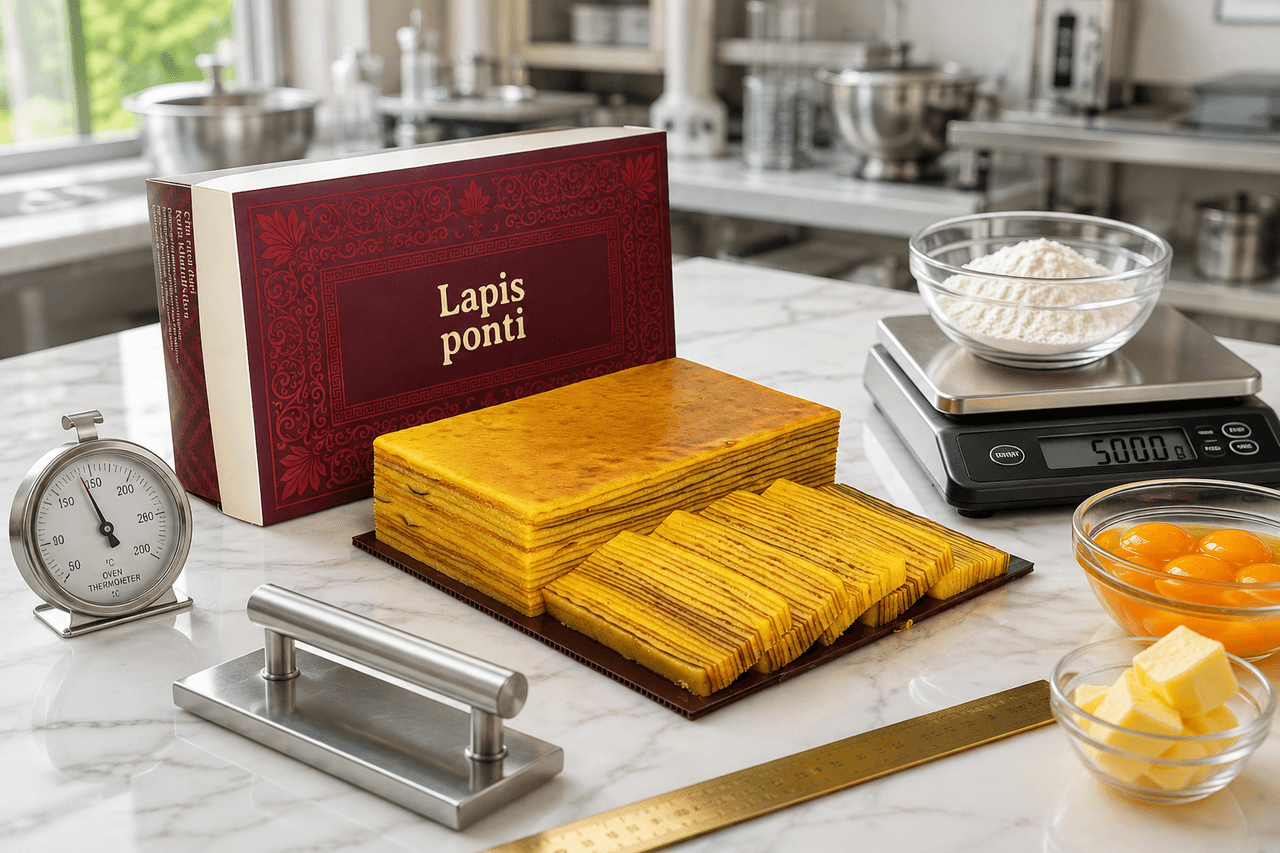 Irisan lapis legit dengan lapisan horizontal presisi sempurna di atas meja marmer bersama alat penekan lapis dan termometer oven