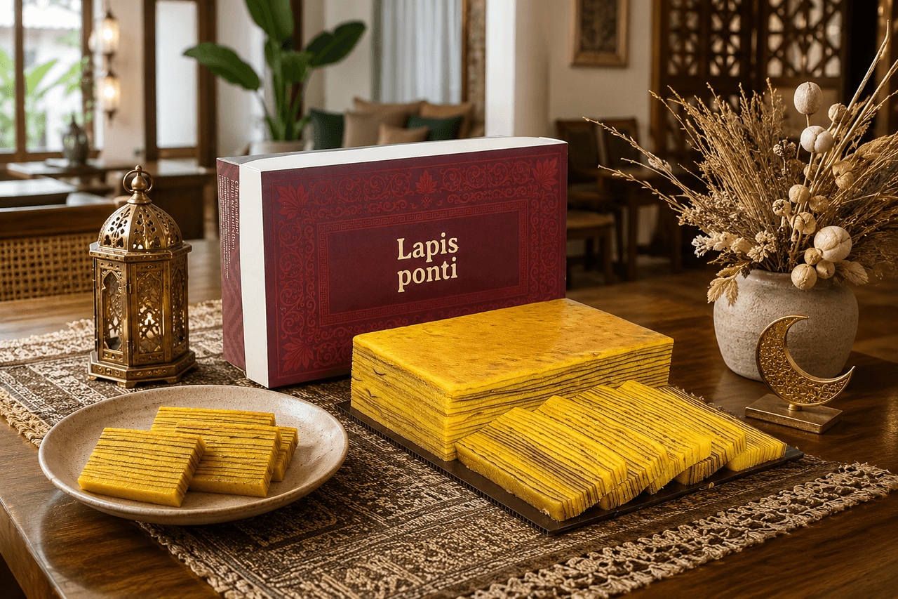 Hampers lebaran lapis legit khas Pontianak dalam kemasan vakum kedap udara dan kotak bingkisan elegan siap dikirim antar kota