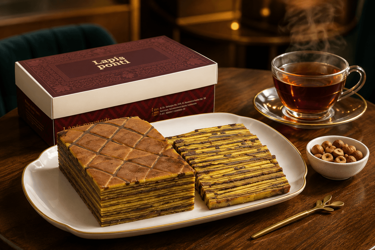 Potongan lapis legit Nutella premium dengan olesan cokelat hazelnut di sela lapisan berpadu kilau mentega Wijsman di atas piring porselen elegan