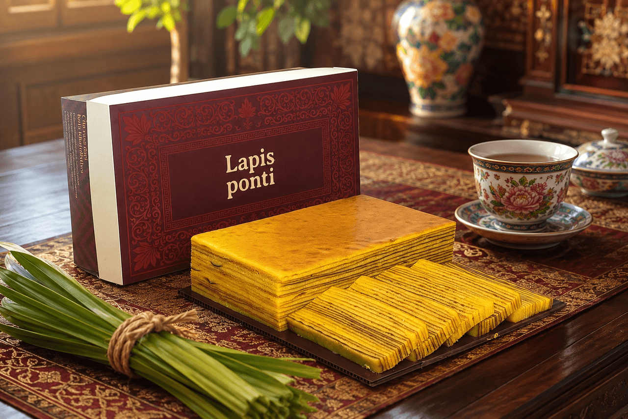 Sepiring kue lapis legit premium dan lapis pandan dengan latar perpaduan ornamen budaya Melayu dan Tionghoa Pontianak yang harmonis