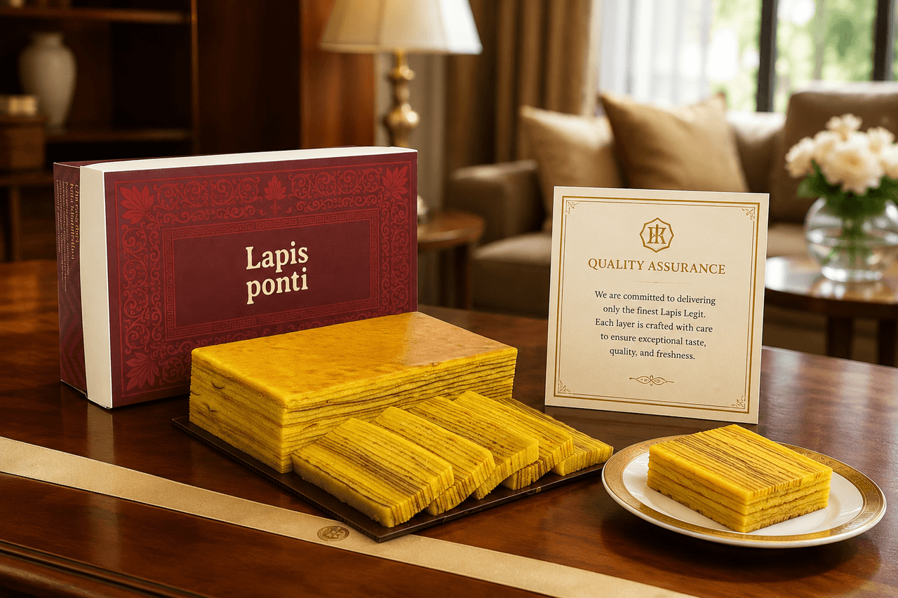 Loyang lapis legit original LapisPonti berpadu kemasan rigid gift box premium dan kartu komitmen jaminan mutu kesegaran di atas meja kayu elegan