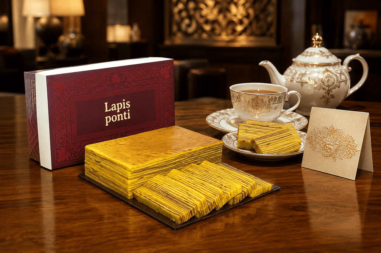 Kue lapis legit original khas Pontianak dengan kemasan gift box premium berlogo LapisPonti siap dikirim ke Semarang