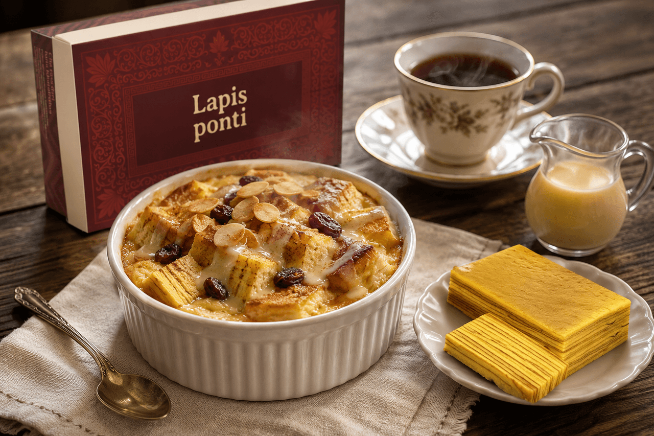Sajian baked custard bread pudding lapis legit panggang hangat dalam wadah keramik putih dengan siraman saus vanila lembut dan taburan bubuk kayu manis