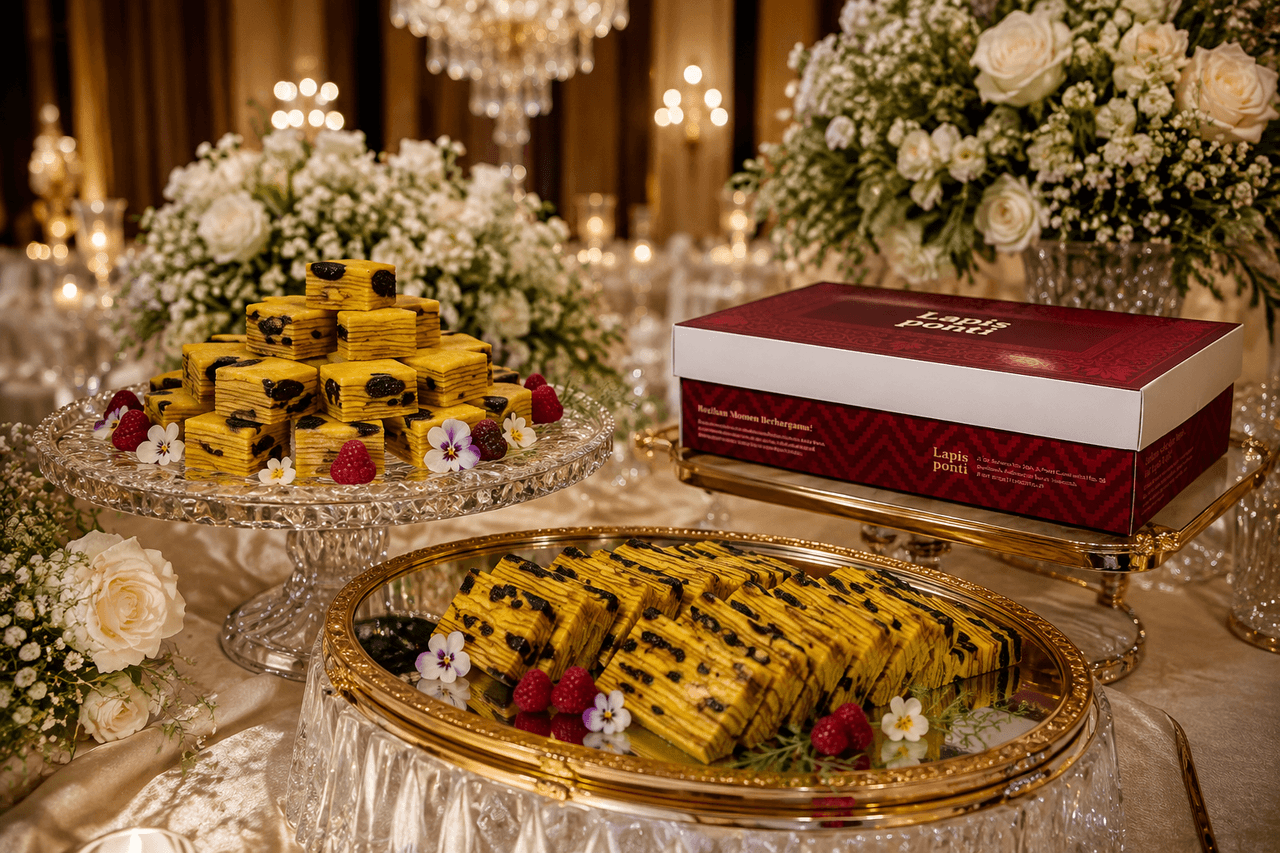 Penataan mewah kue lapis legit prunes dan multi-varian pada tiered crystal stand di meja dessert table resepsi pernikahan gala mewah