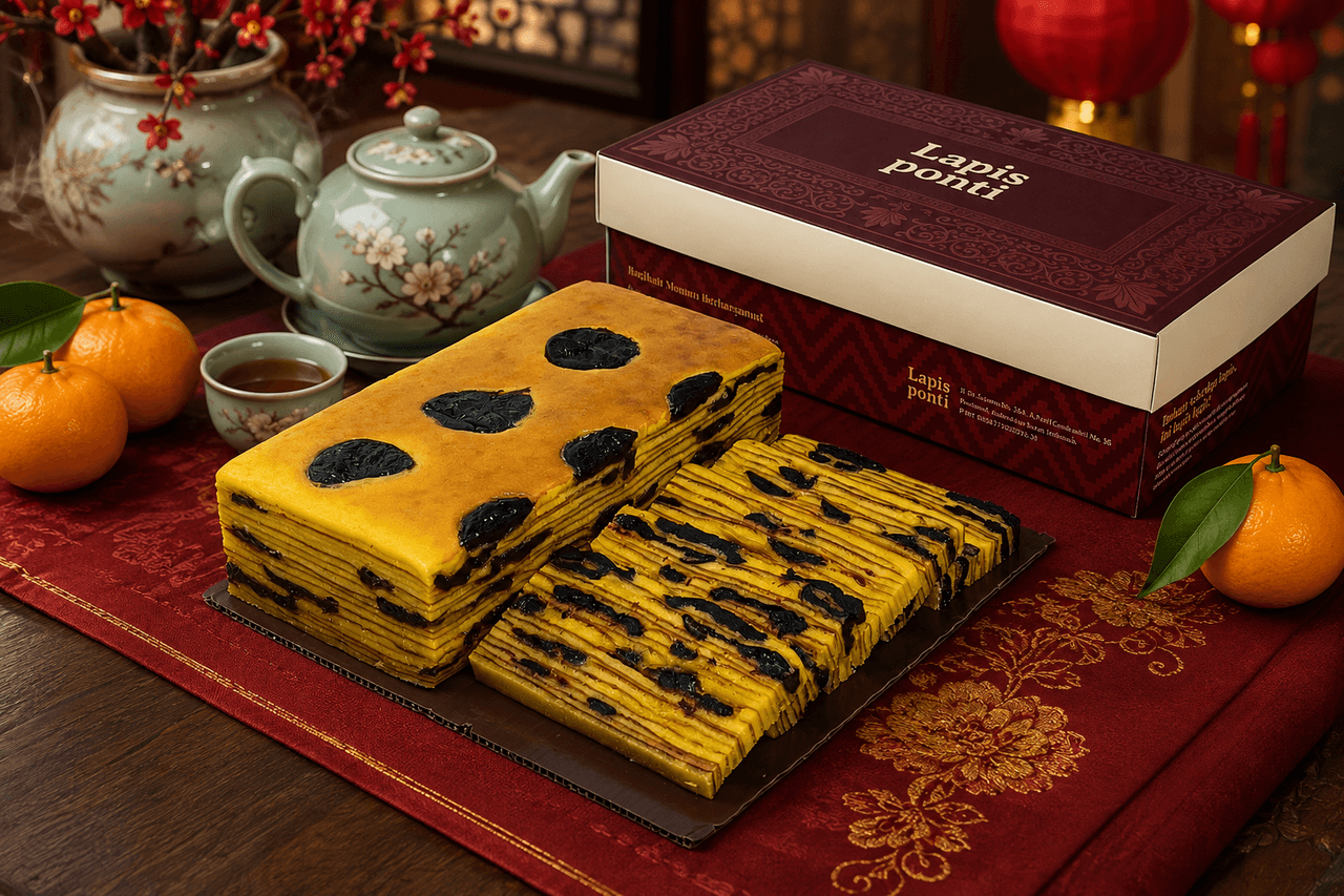 Sajian kue lapis legit prunes khas Imlek Pontianak dengan irisan buah plum hitam di sela lapisan keemasan berpadu dekorasi Imlek elegan di atas meja perjamuan keluarga
