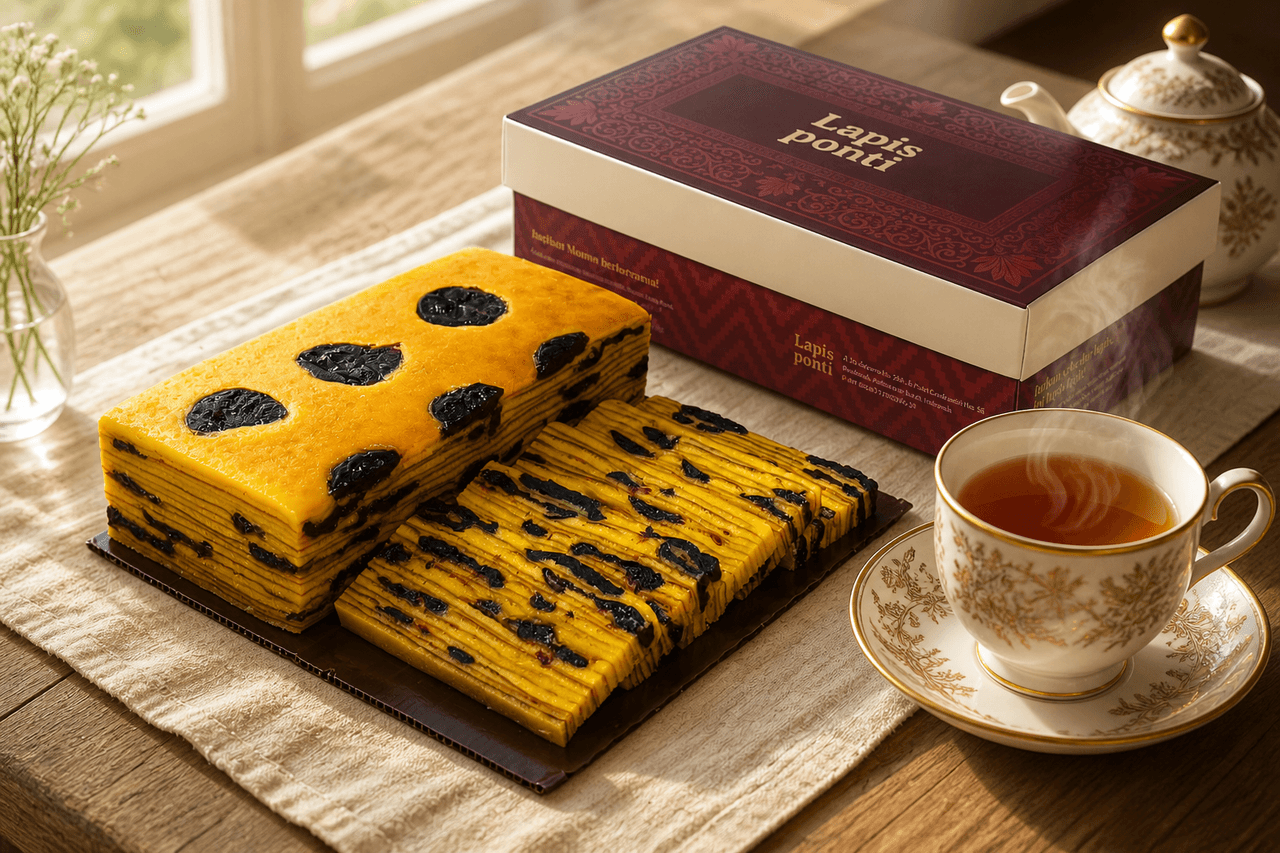 Secangkir teh hangat beruap di samping irisan lapis legit prunes dengan teko porselen dan suasana afternoon tea yang elegan