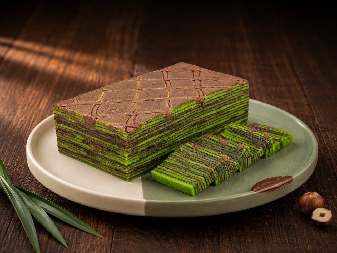 Lapis Pandan Nutella dengan lapisan hijau pandan dan cokelat Nutella