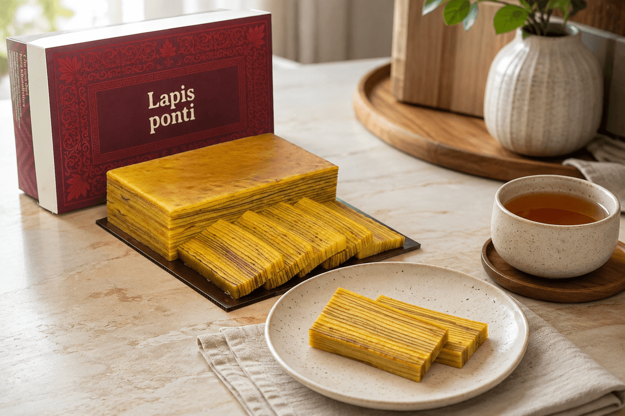 Sepotong lapis legit original bertekstur moist kaya mentega Wijsman dan kuning telur disajikan anggun di atas piring porselen
