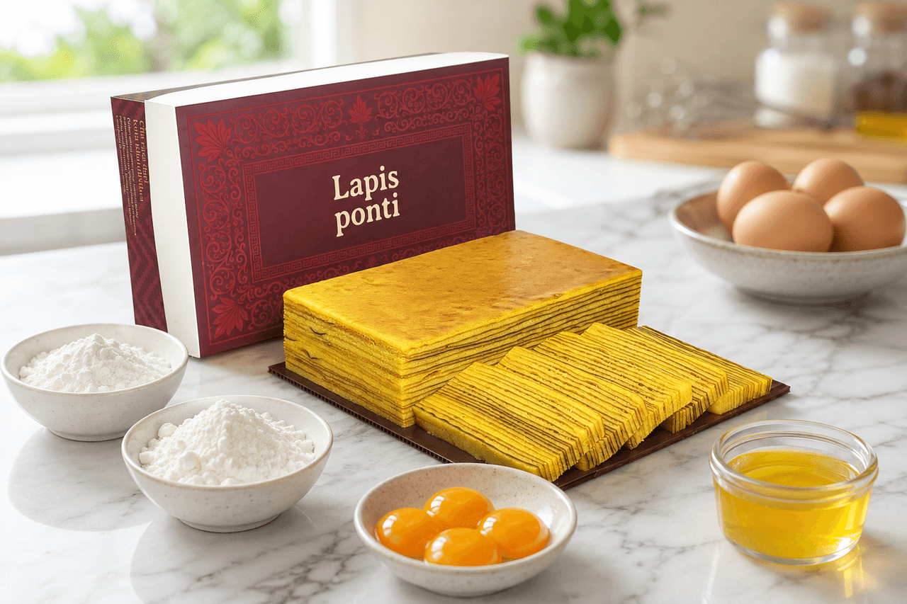 Potongan lapis legit bebas gluten bertekstur moist berkilau di atas piring porselen putih dengan latar bahan tepung alternatif dan kuning telur