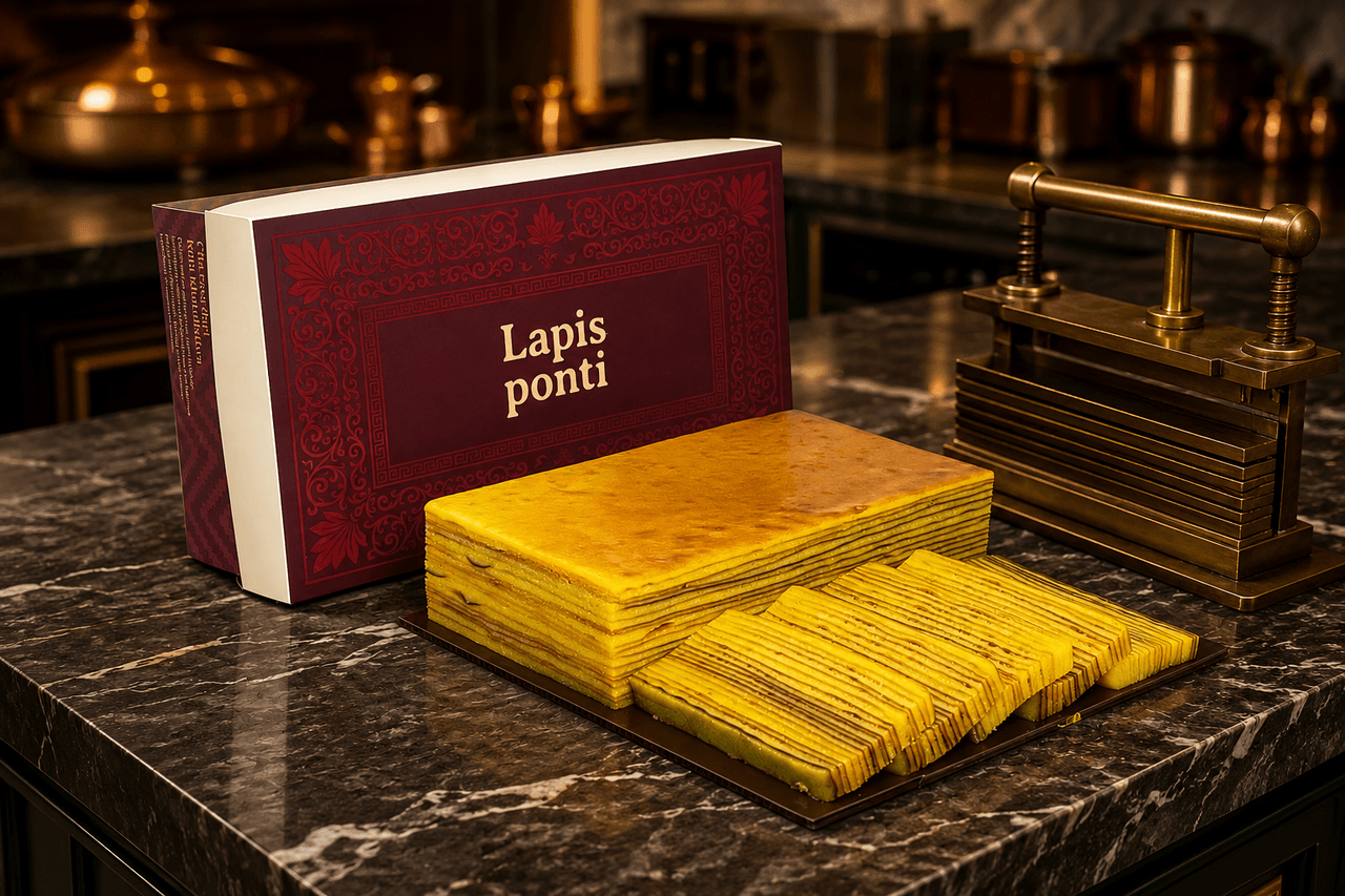 Kue lapis legit original yang matang sempurna dengan 18 lapisan bergaris presisi, warna cokelat keemasan berkilau mentega di atas meja marmer