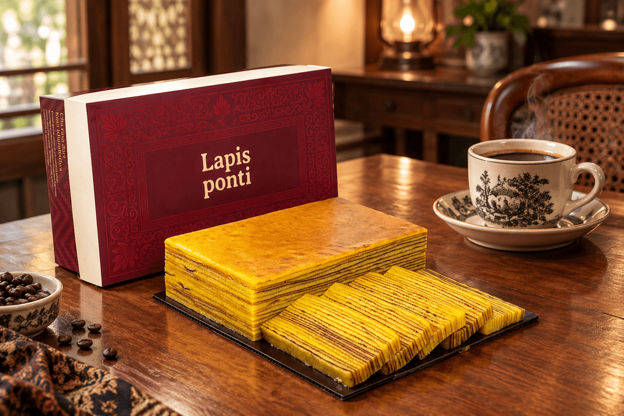 Secangkir kopi robusta saring Pontianak hangat bersanding elegan dengan irisan kue lapis legit original LapisPonti bermentega Wijsman