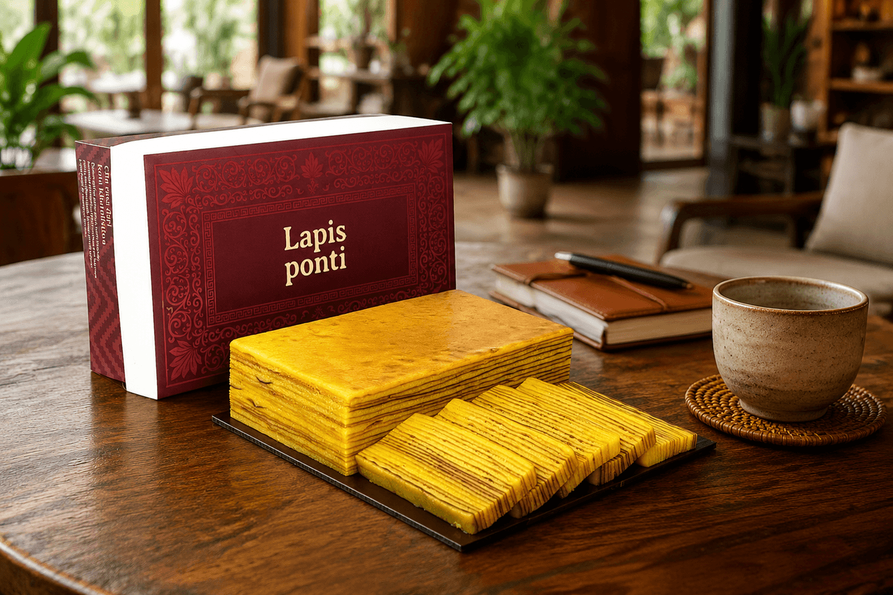 Koleksi gift box kue lapis legit premium LapisPonti bersama suvenir khas Pontianak di atas meja kayu tertata rapi