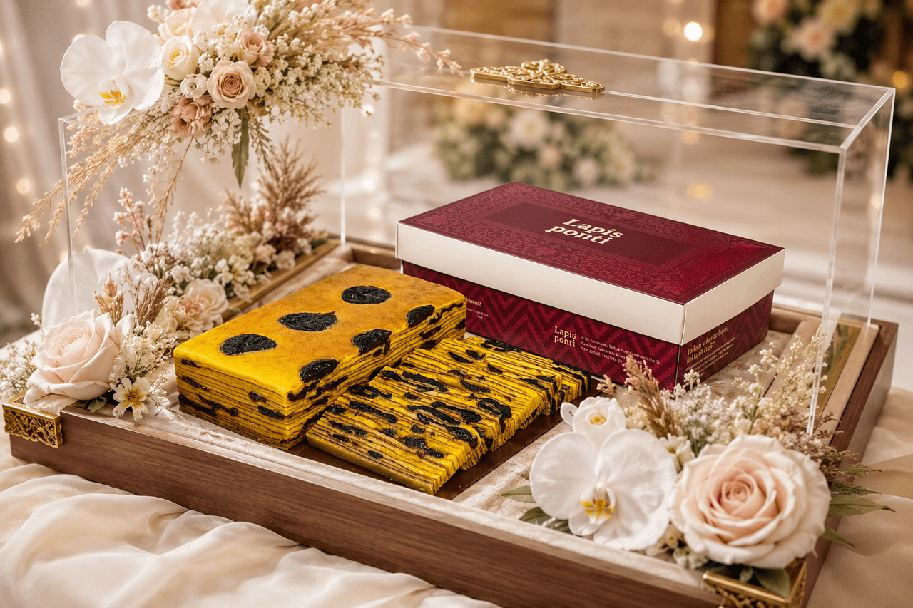 Kue lapis legit prunes LapisPonti tersusun anggun di dalam baki hantaran seserahan lamaran berhias bunga pastel dan kotak akrilik transparan