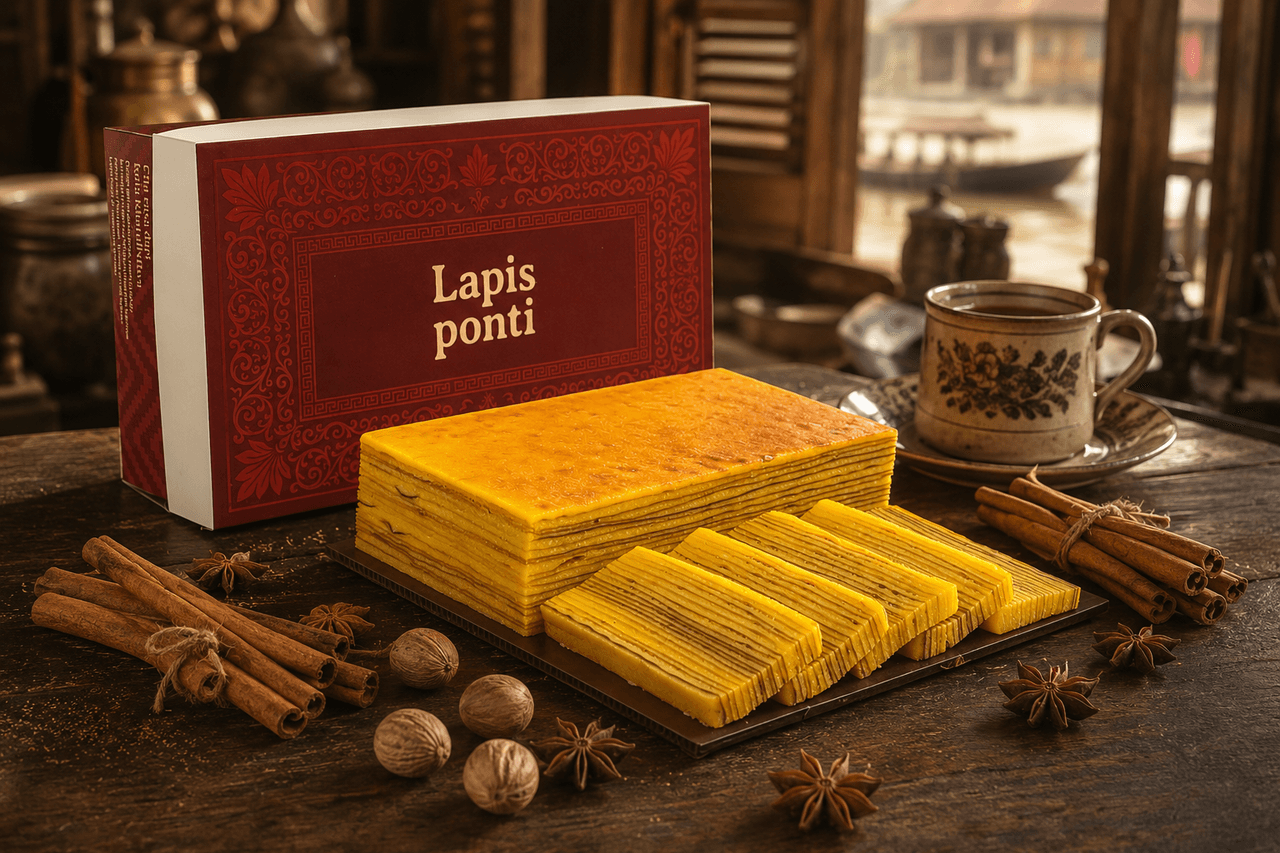 Kue lapis legit original LapisPonti berlatar nuansa perniagaan tempo doeloe tepi Sungai Kapuas Pasar Tengah Pontianak