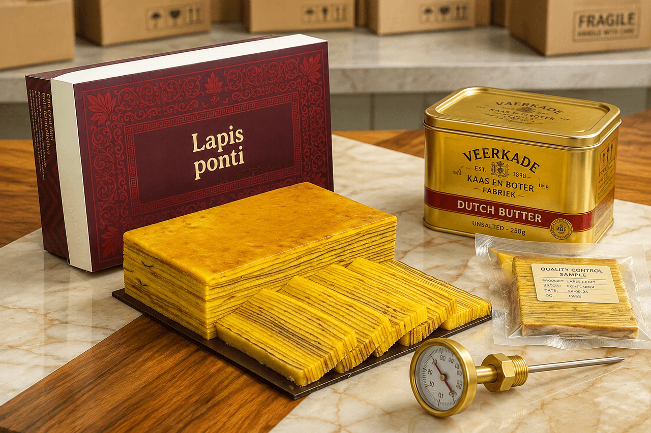 Irisan kue lapis legit bertumpuk rapi dengan kilau mentega Wijsman keemasan di atas meja kayu berdampingan dengan kemasan kedap udara