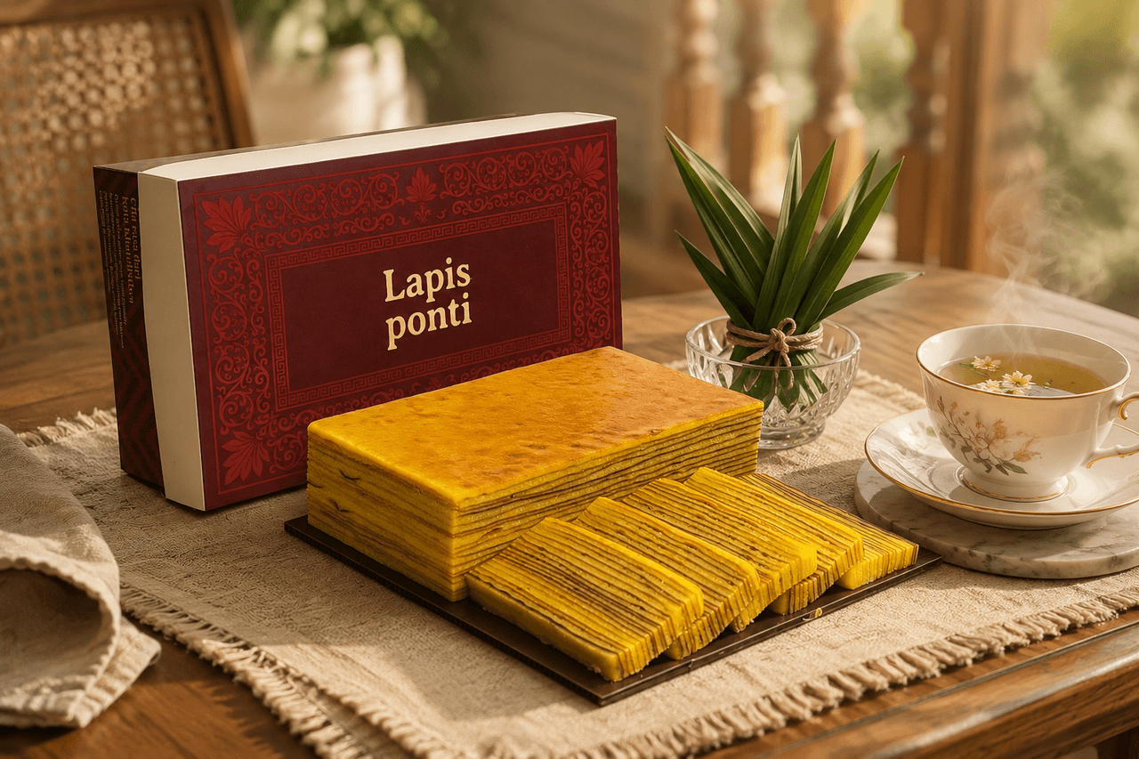 Sajian irisan lapis legit pandan asli berpadu semburat hijau zamrud alami daun suji dan aroma harum mentega Wijsman di atas piring keramik mewah