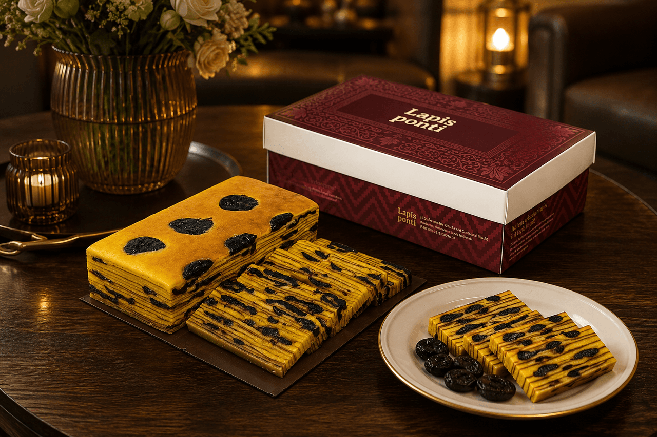 Kemasan exclusive gift box LapisPonti dengan desain hardbox elegan warna emas dan navy serta kue lapis legit prunes premium