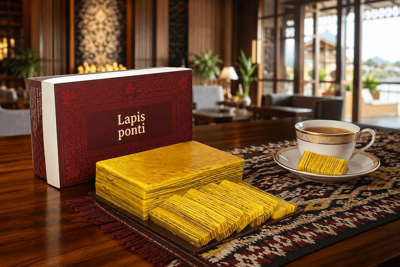 Kue lapis legit original khas Pontianak dengan kemasan gift box premium berlogo LapisPonti siap dikirim ke Banjarmasin dan Banjarbaru