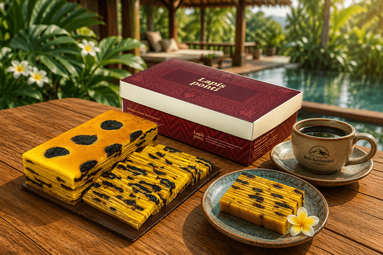 Kue lapis legit prunes autentik khas Pontianak dengan kemasan gift box mewah siap kirim ke Denpasar Bali untuk hantaran liburan tropis