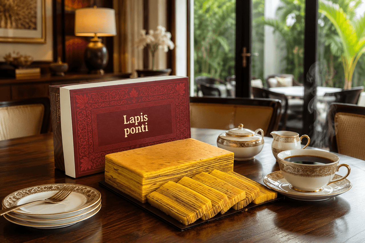 Kue lapis legit autentik khas Pontianak dengan kilau mentega Wijsman disajikan di meja makan elegan keluarga di Medan