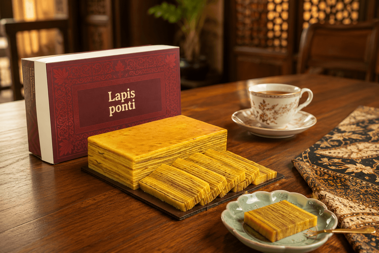 Kue lapis legit Pontianak dalam kemasan gift box premium berpadu suasana jamuan elegan siap kirim ke Yogyakarta dan Solo Raya