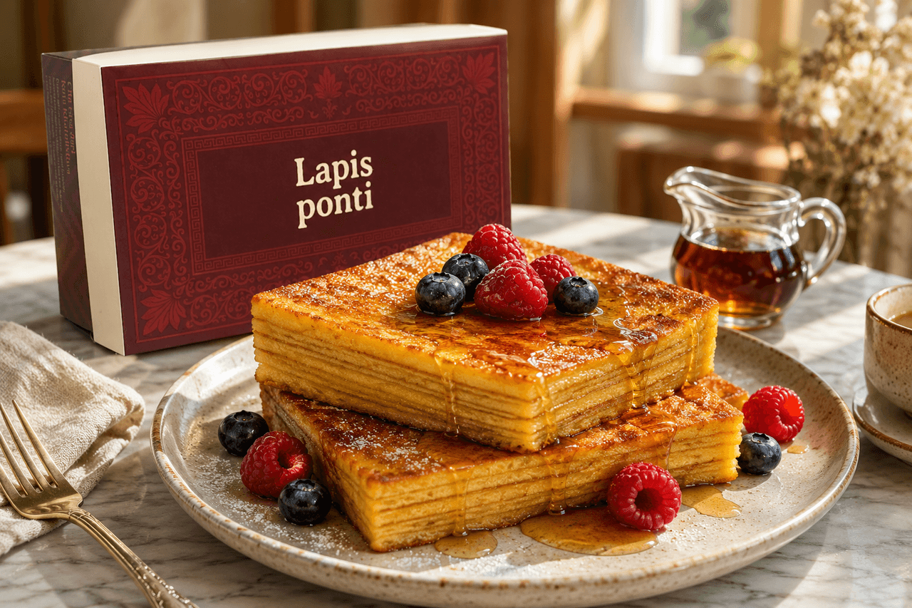 Sepiring Lapis Legit French Toast keemasan disiram madu alami dan dihiasi buah beri segar di meja marmer