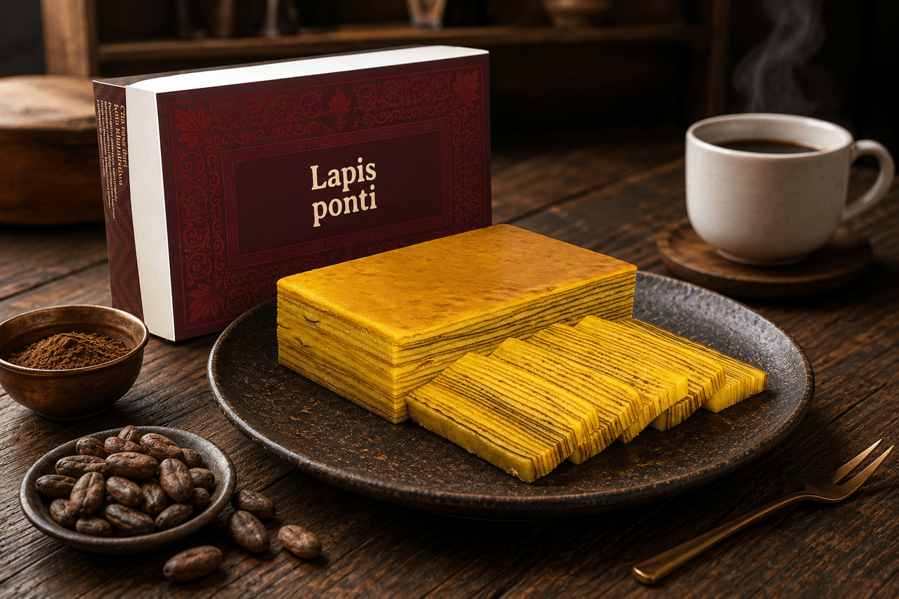 Irisan lapis legit cokelat kualitas premium dengan warna cokelat gelap pekat berpadu kilau mentega Wijsman di atas piring keramik artisan