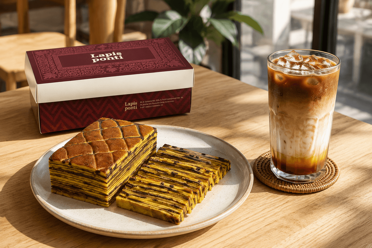 Sepiring irisan lapis legit Nutella LapisPonti berdampingan dengan segelas es kopi susu gula aren kekinian