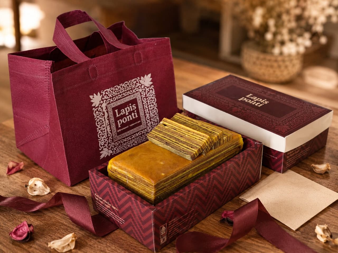 Kotak kado elegan berisi lapis legit untuk hadiah