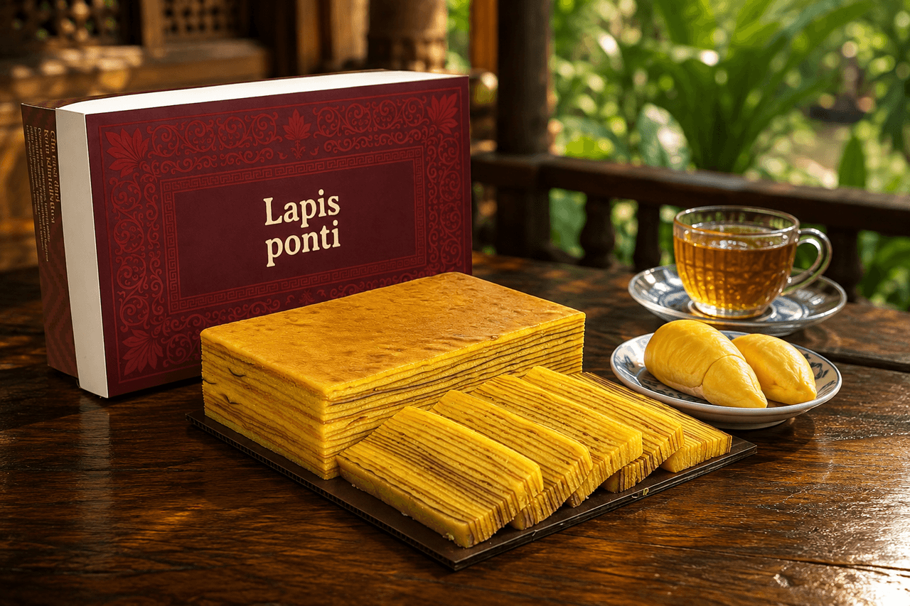 Suasana eksplorasi wisata musim durian dan kuliner khas Pontianak dengan sajian Lapis Legit Original LapisPonti bermentega Wijsman di meja kayu estetik
