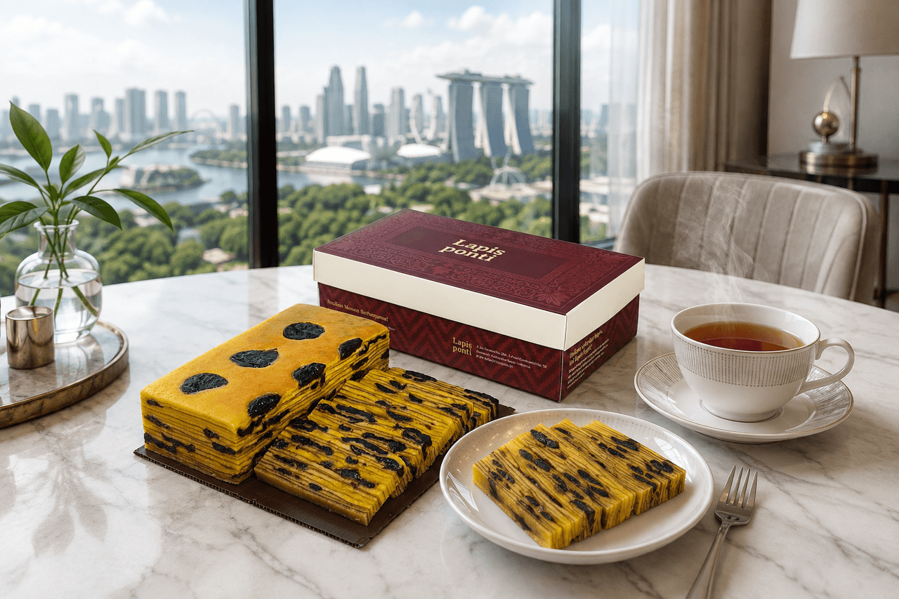 Kue lapis legit prunes Pontianak berpadu kemasan gift box premium dan teh hangat berlatar suasana kota modern Singapura