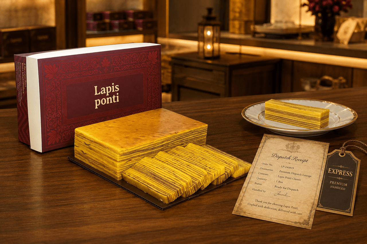 Kue lapis legit original LapisPonti dalam kemasan gift box eksklusif berstempel express delivery untuk layanan pengiriman kilat 1 hari