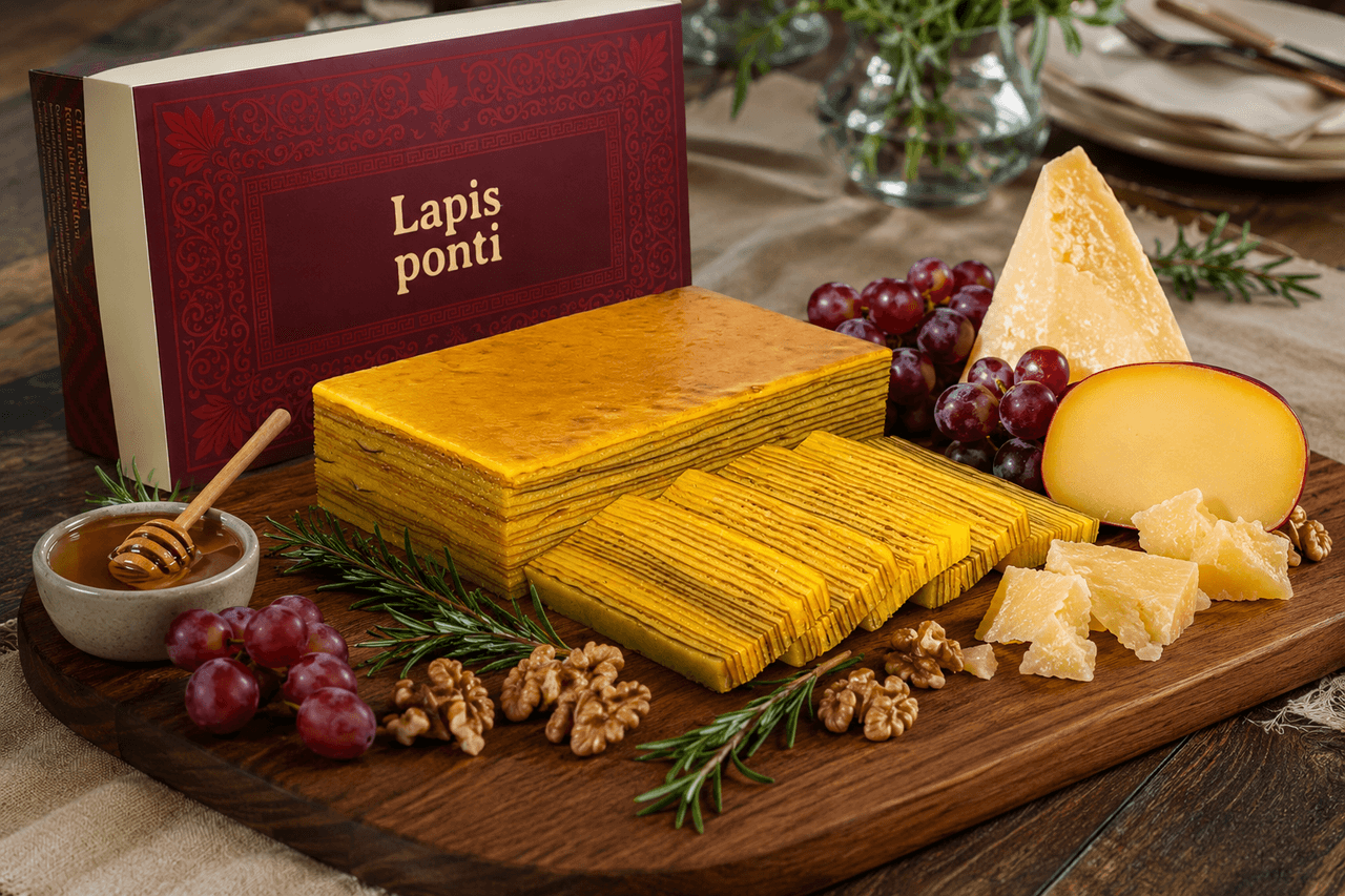 Papan charcuterie kayu jati mewah berisi irisan kue lapis legit original keemasan berdampingan dengan potongan keju aged cheddar tua, keju edam Belanda, kacang walnut panggang, dan buah anggur segar