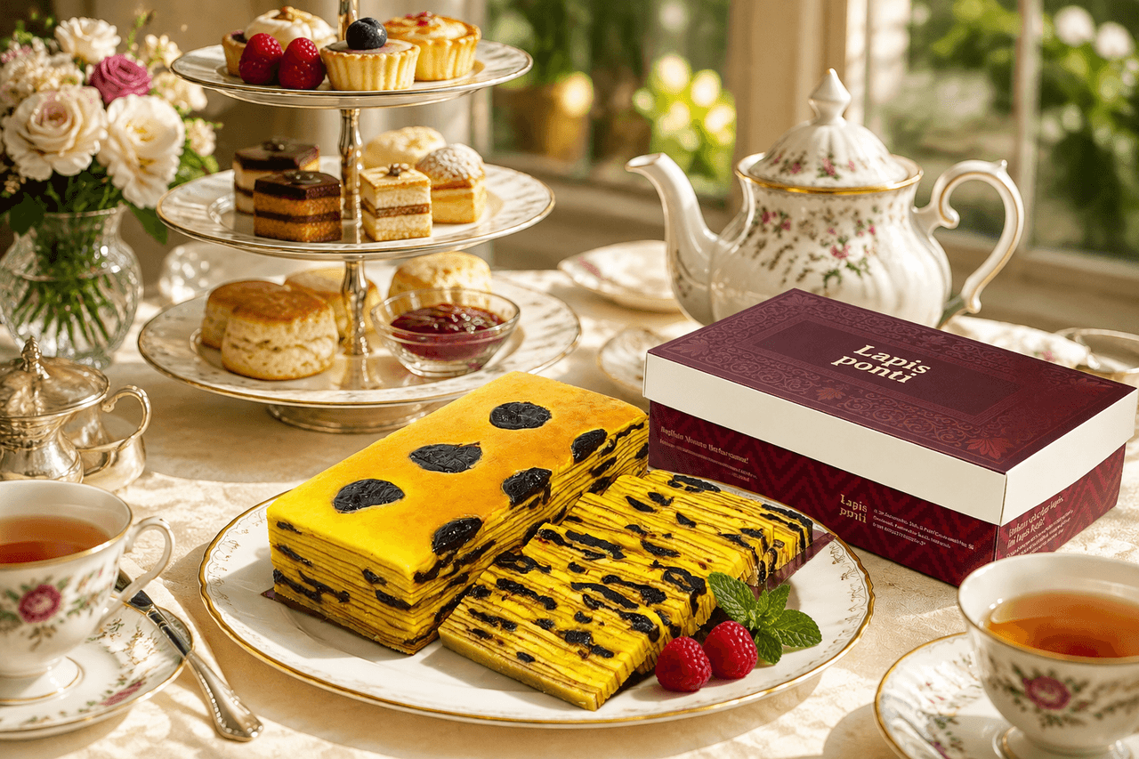 Penataan mewah irisan kue lapis legit prunes LapisPonti untuk jamuan afternoon tea