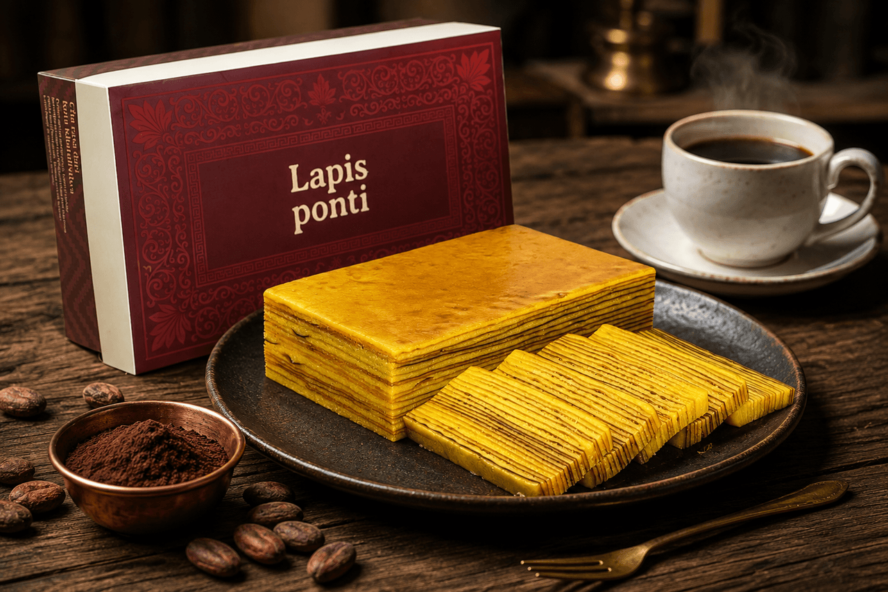 Potongan lapis legit cokelat premium dengan lapisan cokelat pekat berkilau mentega Wijsman di atas piring saji keramik