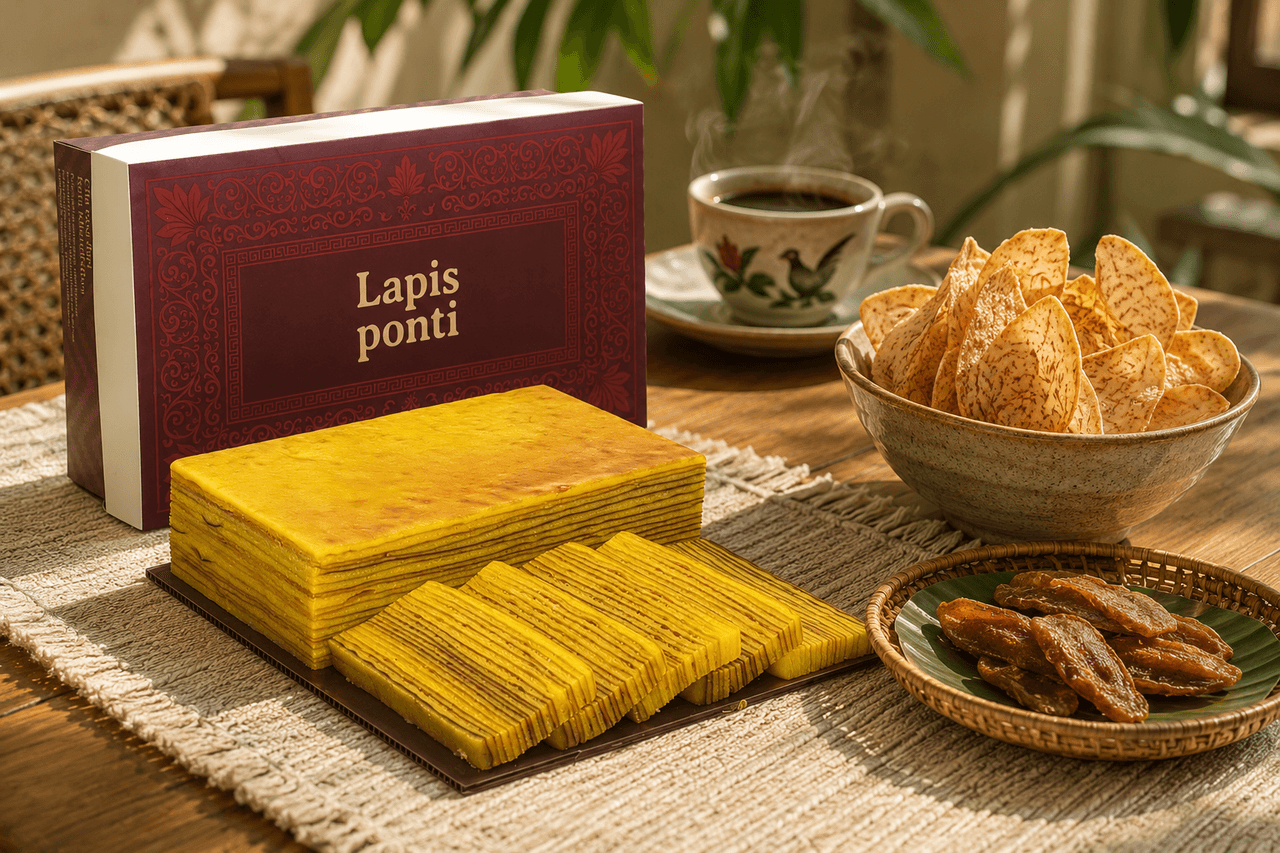 Rekomendasi ragam cemilan kering khas Pontianak dari keripik keladi gurih hingga irisan lapis legit cokelat premium di atas meja kayu artisan