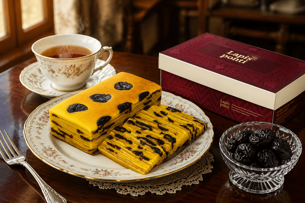 Potongan kue lapis legit prunes premium dengan buah plum kering pipih di sela lapisan keemasan berpadu kilau mentega Wijsman di atas piring saji keramik vintage