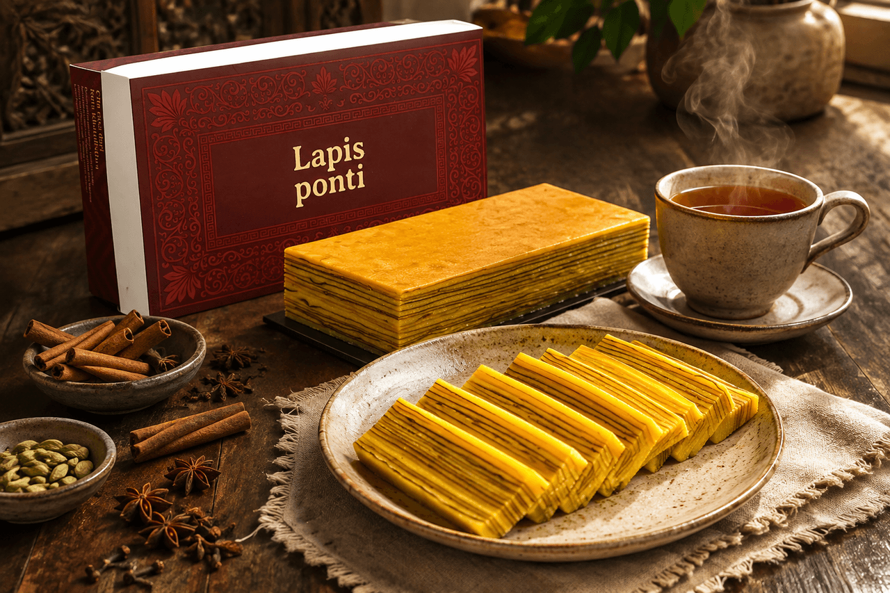 Sepotong lapis legit original beraroma spekuk dengan lapisan keemasan rapi bersanding dengan rempah kayu manis kapulaga dan secangkir teh hangat