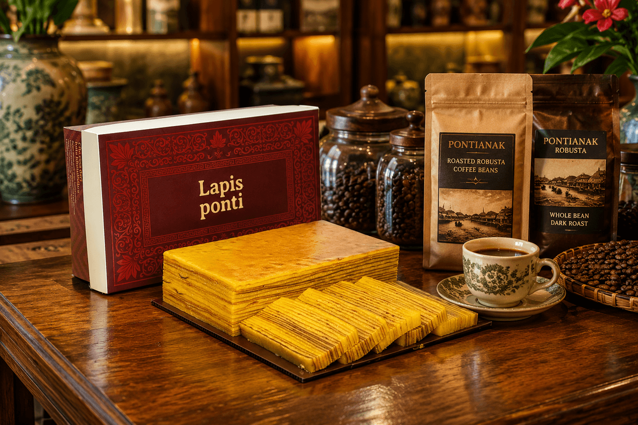 Koleksi oleh-oleh khas Pontianak berupa kemasan kopi bubuk robusta legendaris bersanding dengan kue lapis legit Wijsman dan gift box LapisPonti