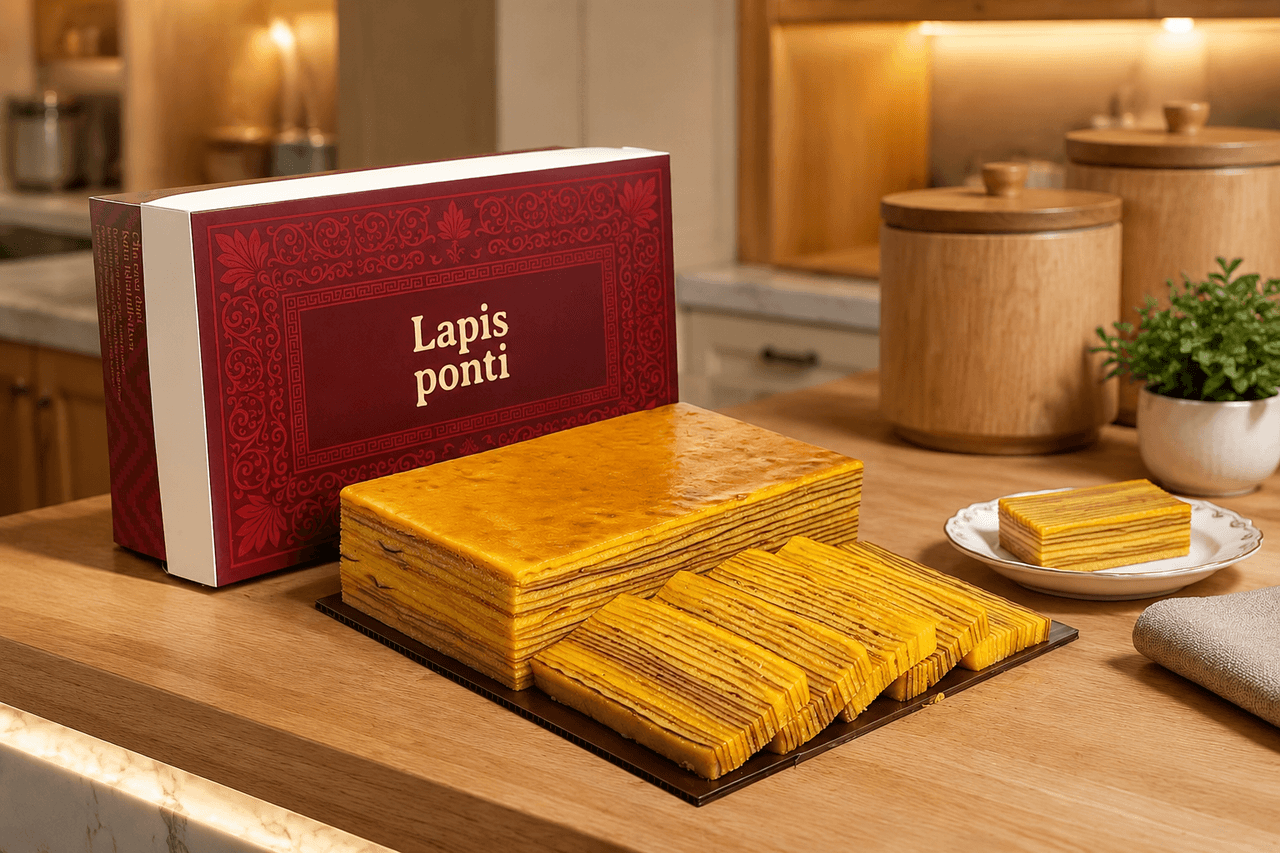 Kue lapis legit original khas Pontianak dalam kemasan vakum transparan kedap udara bersegel utuh di atas meja pantry kayu minimalis