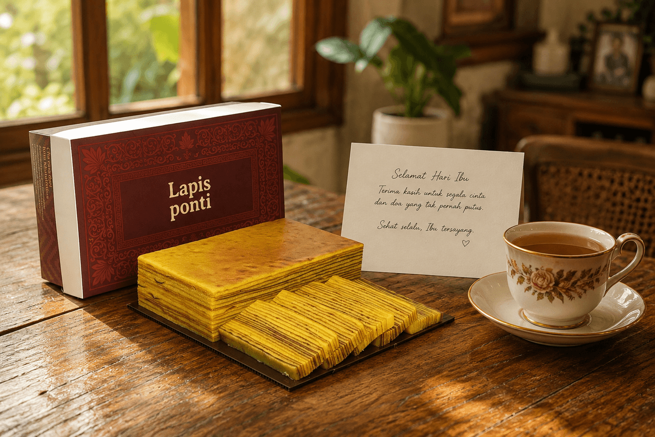 Kemasan gift box kue lapis legit premium LapisPonti berdampingan dengan kartu ucapan personal dan irisan lapis pandan di atas meja kayu hangat