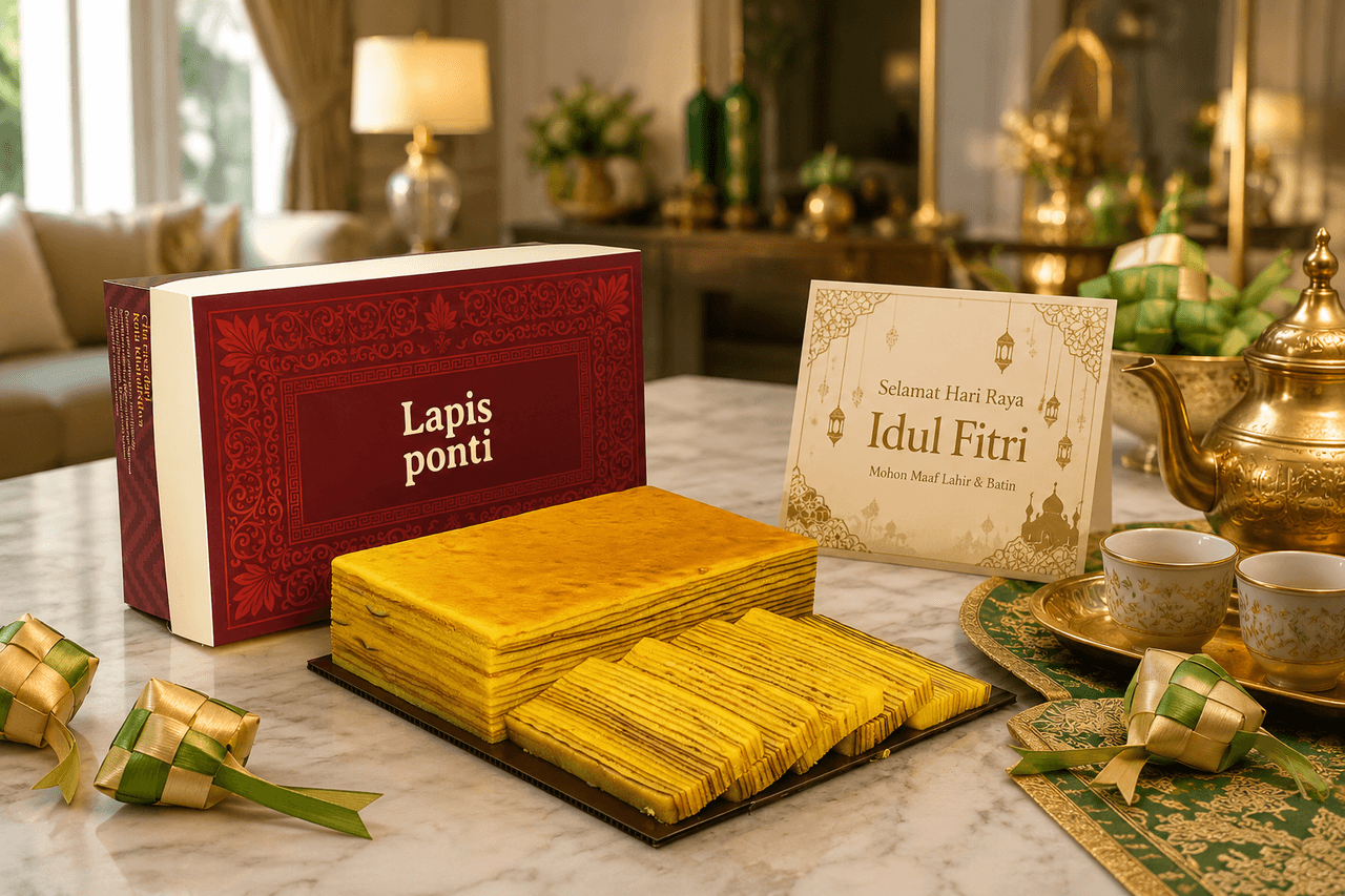 Kemasan gift box parcel lebaran lapis legit Pontianak berpadu ornamen ketupat estetik dan irisan lapis legit moist di atas meja marmer elegan