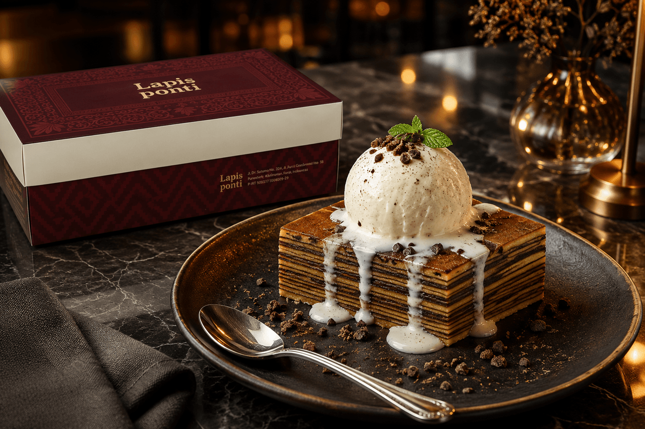 Seporsi dessert mewah Lapis Legit Cokelat hangat LapisPonti dengan topping satu scoop es krim vanila bean di atas piring keramik elegan