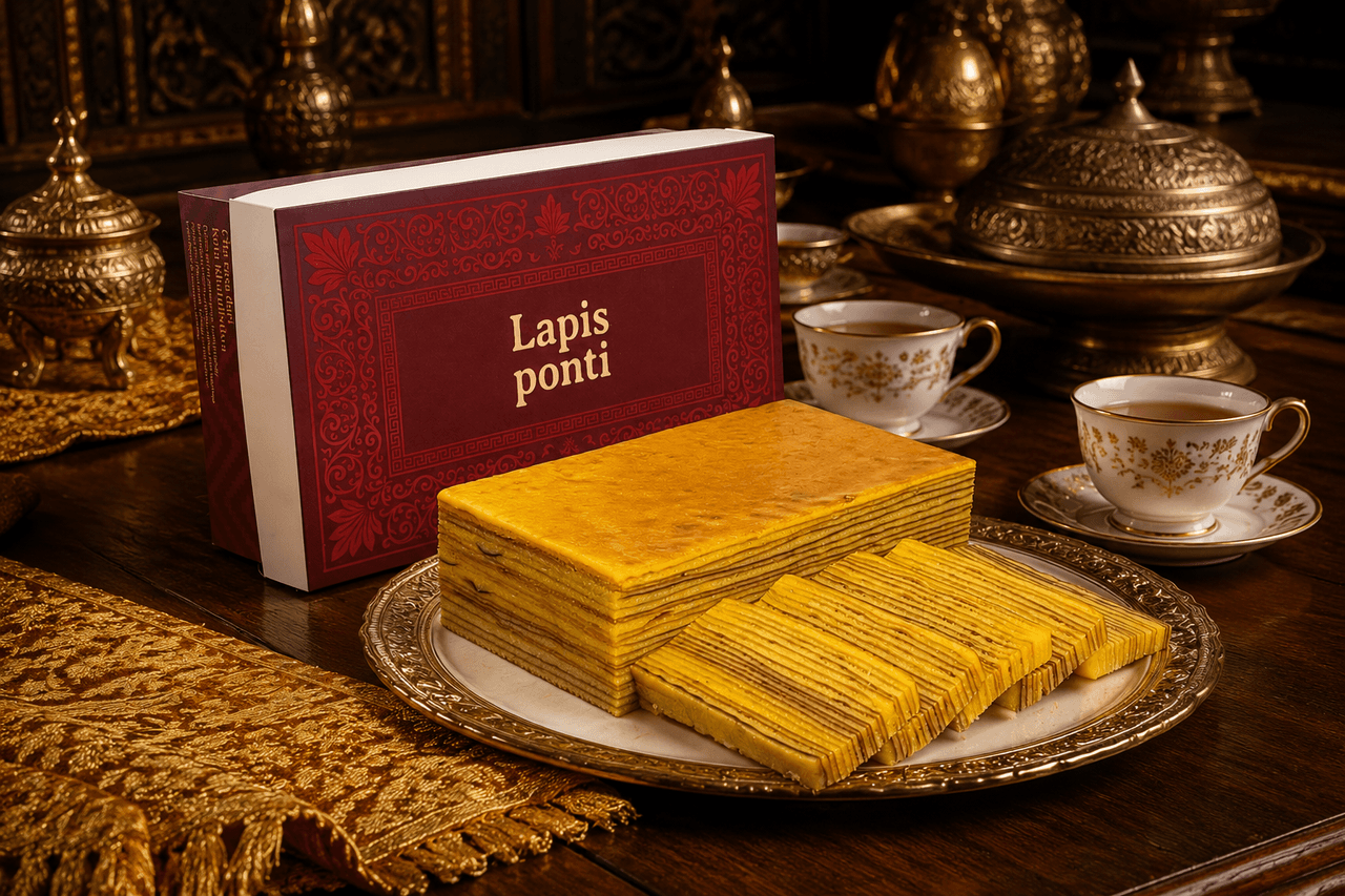 Potongan kue lapis legit premium dan kue tradisional tersaji anggun di atas meja jamuan khas Melayu Kesultanan Kadriyah Pontianak