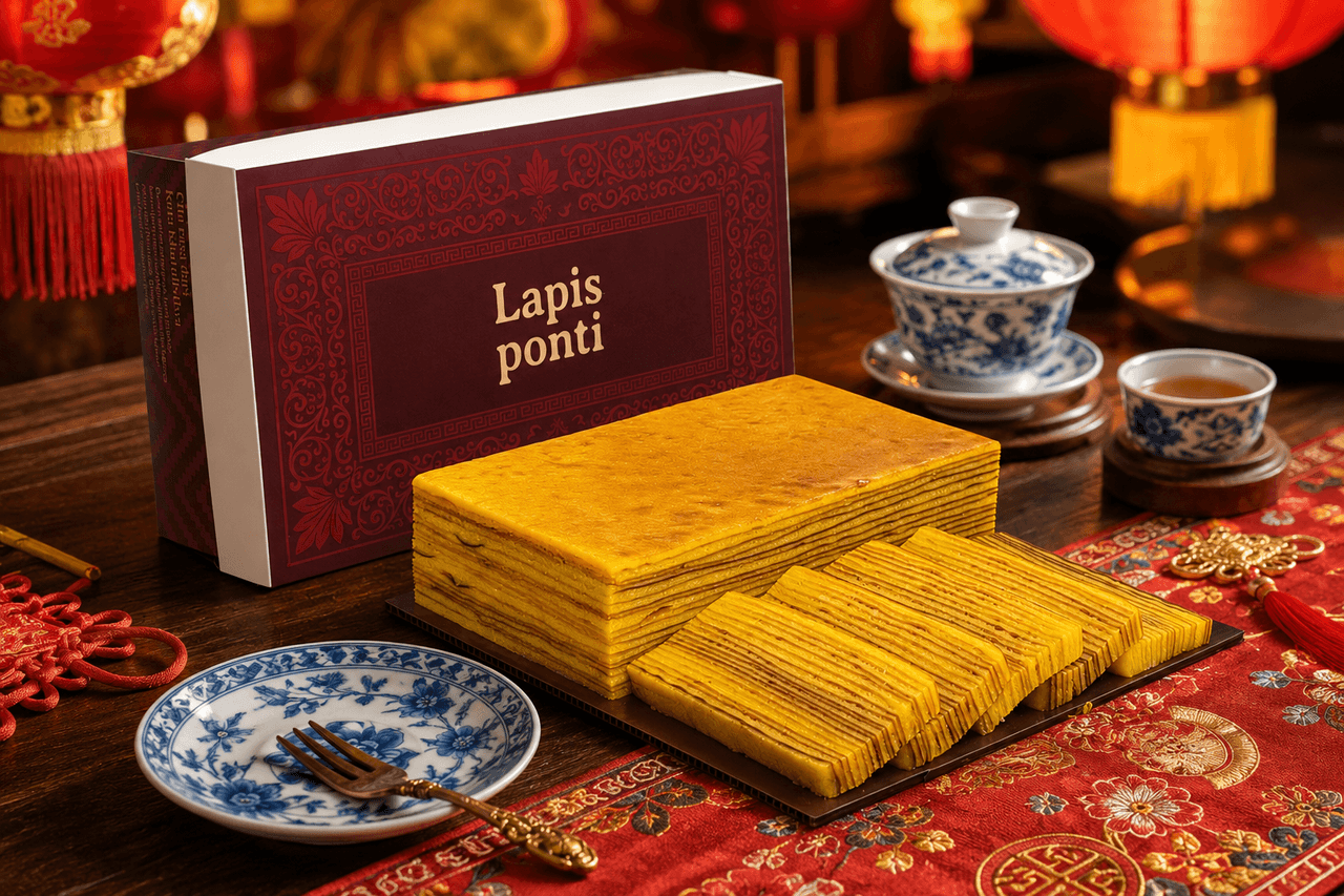 Kue lapis legit original LapisPonti tersaji di atas meja perjamuan Cap Go Meh Singkawang dengan cangkir teh porselen dan ornamen festival lampion