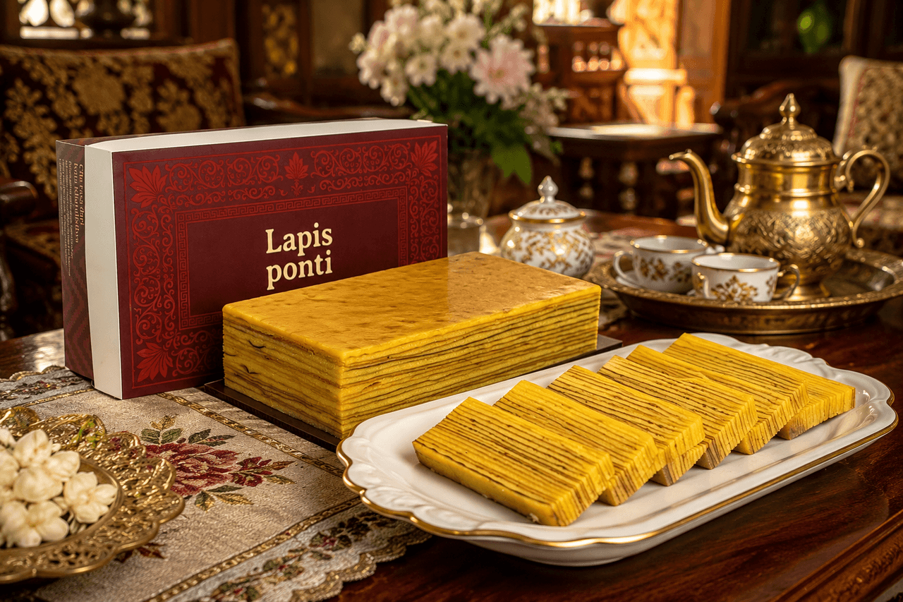 Kue lapis legit original LapisPonti tersaji di atas piring porselen meja tamu berbalut ornamen silaturahmi Lebaran Idul Fitri khas Pontianak